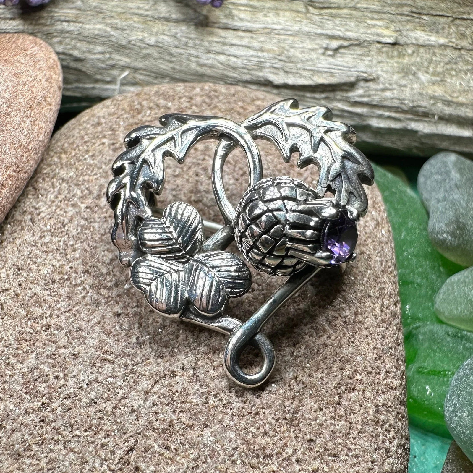 NEW Solid Sterling Silver Thistle & Shamrock Brooch Irish Scottish Ladies Pin