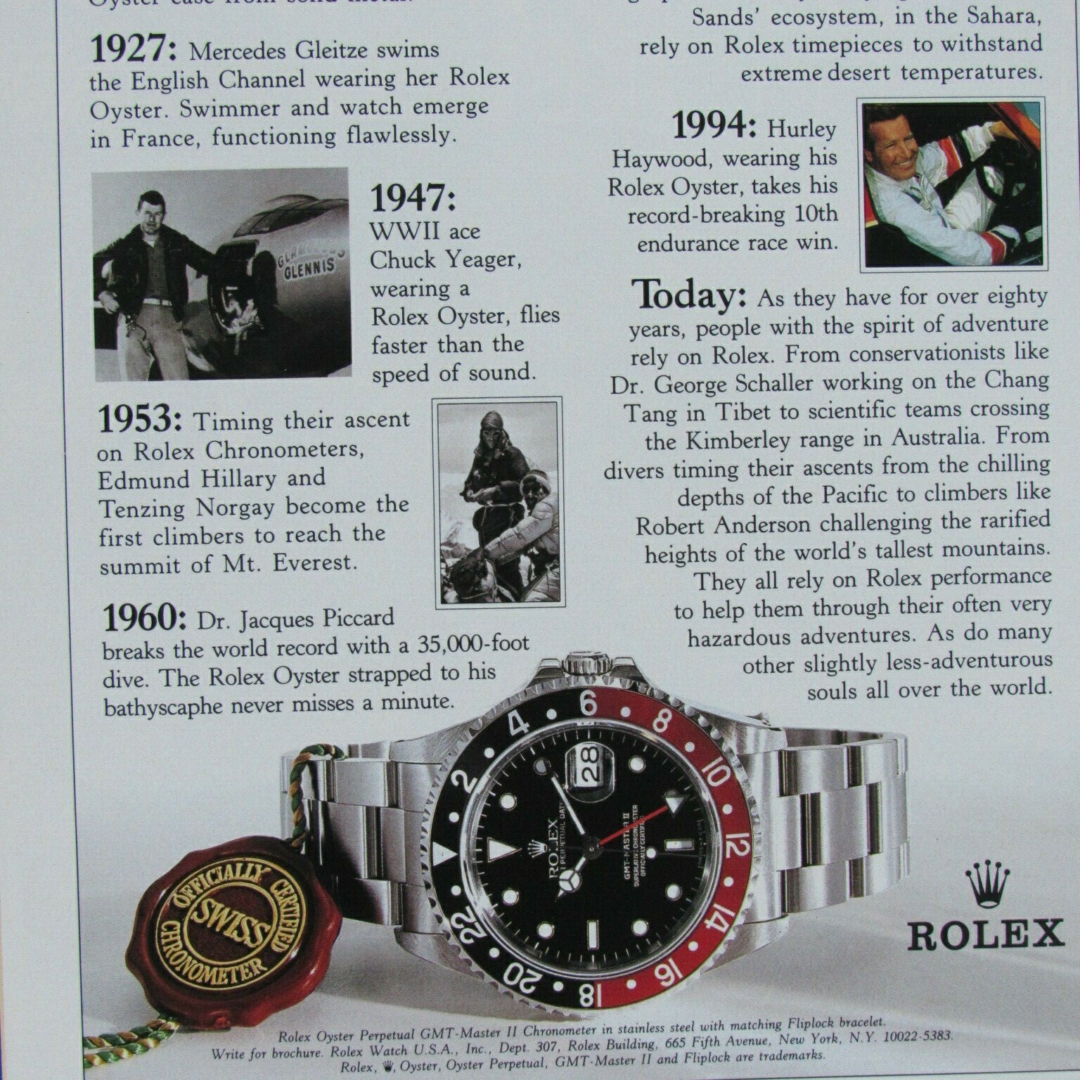 1996 Rolex Chuck Yeagar Hurley Haywood Vintage Original Print Ad 8.5 x 11"