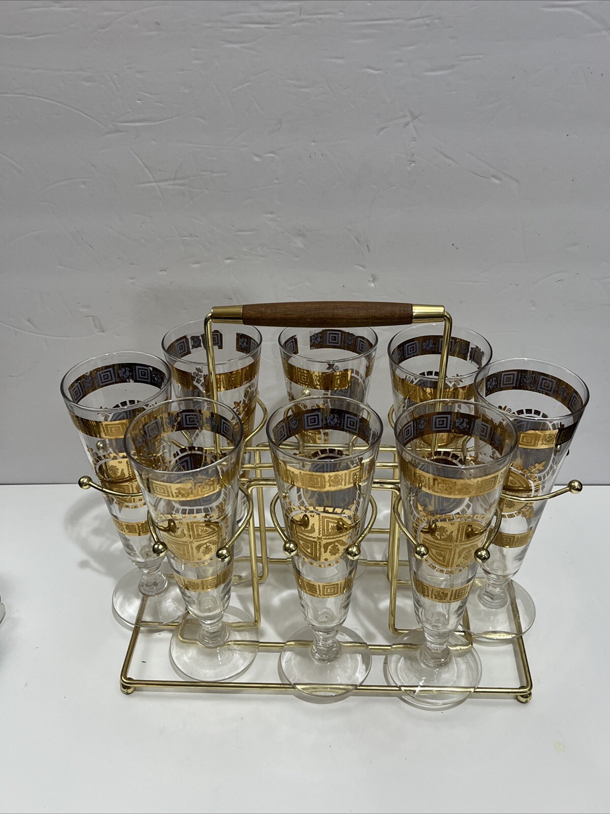 Vintage 1960s MCM Culver Coronet Barware 8 Pilsner Drinking Glasses W/ Caddy Set