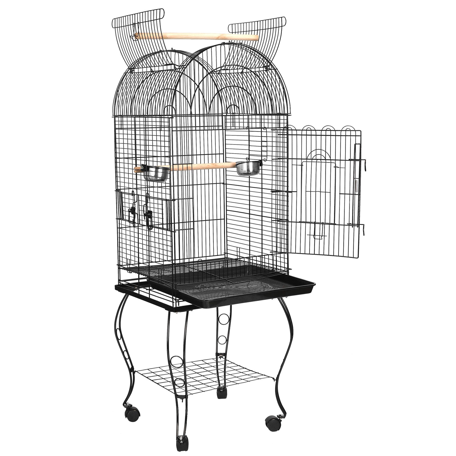63.5 Inch Open-Top Wrought Iron Bird Cage with Slide-Out Tray and Rolling Stand