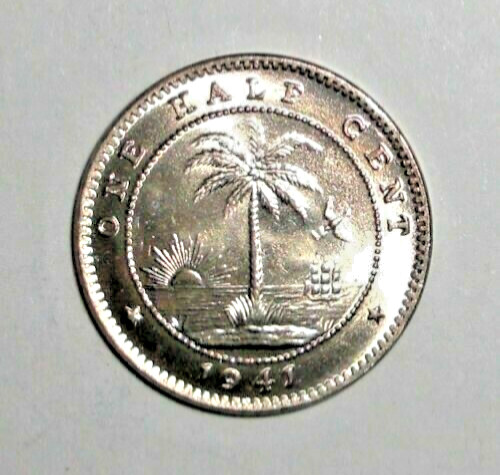 1941 Liberia Half Cent Coin Elephant Palm Tree Animal African Wildlife