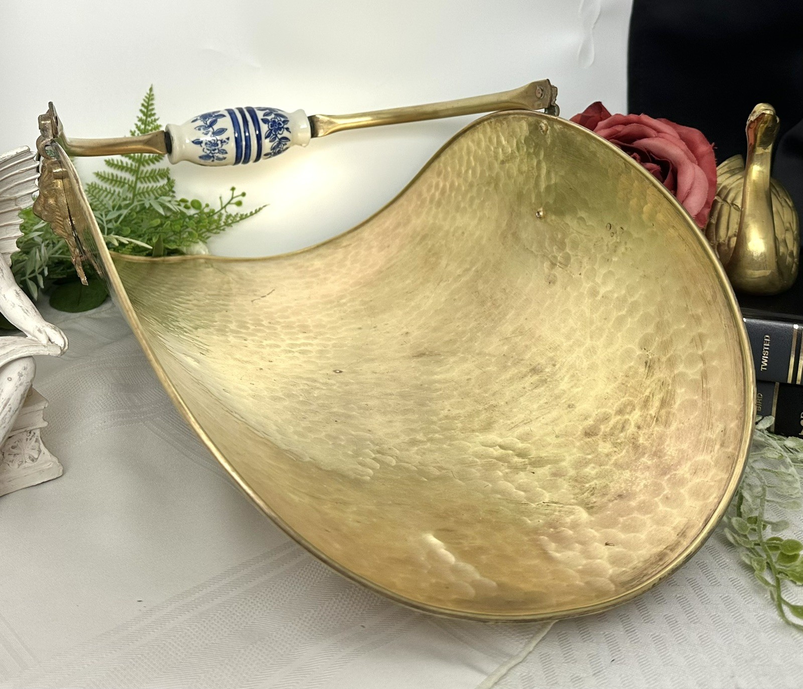 Vintage Brass Fireplace Log Holder Lion Paw Feet Delft Blue Handle Large