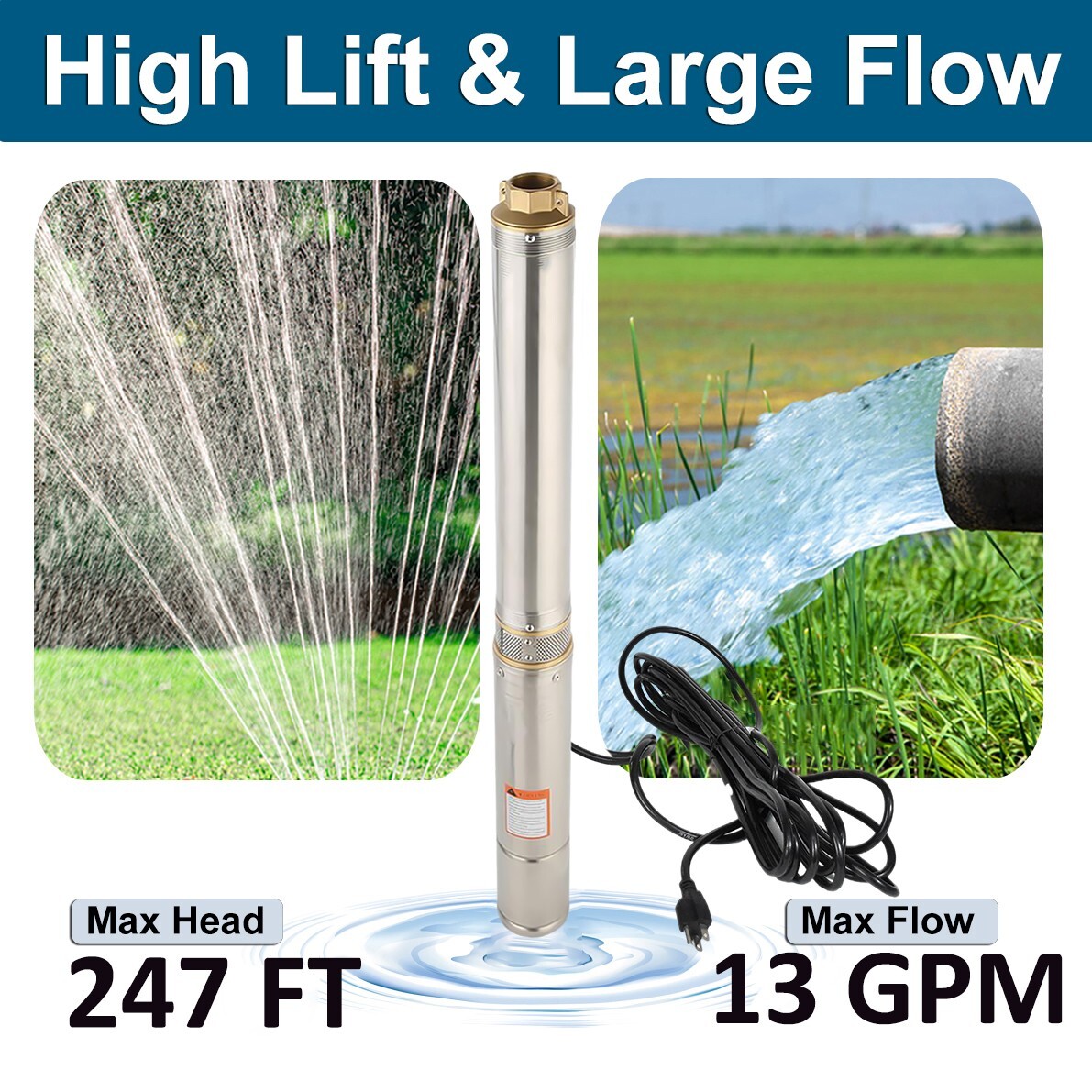 3'' Deep Well Submersible Pump, 3/4HP, 220V, 13 GPM, 247 ft MAX,60Hz,1.25in NPT