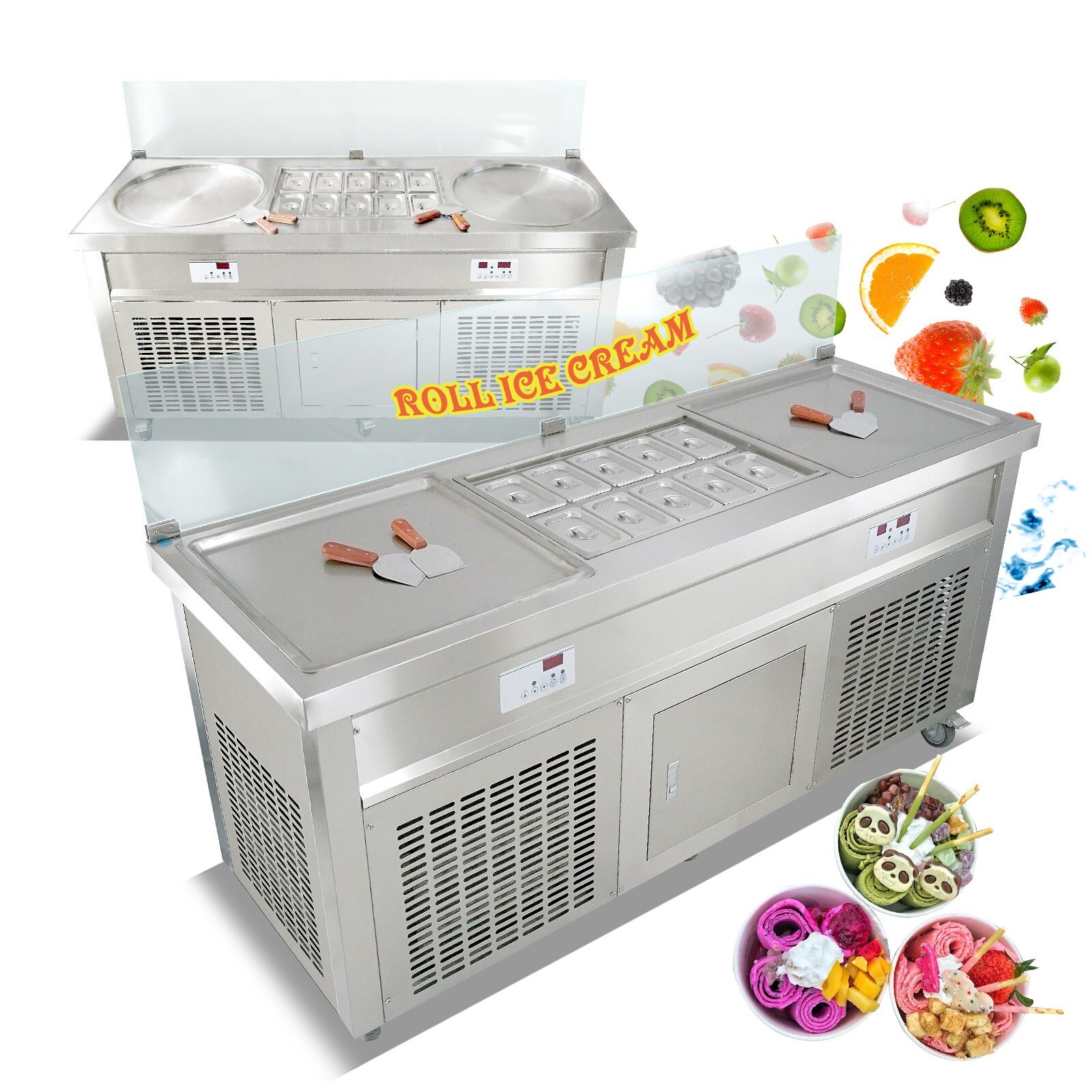 Commercial rolled ice cream machine double square pans with 10pcs cooling tanks