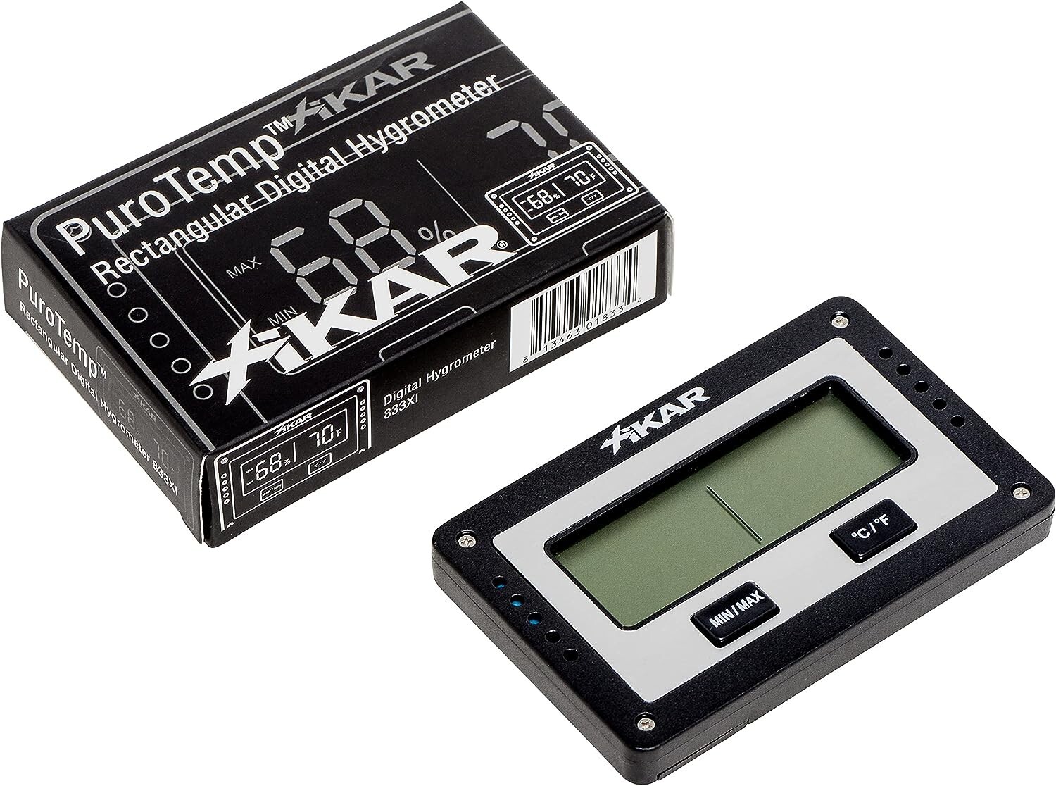 Xikar PuroTemp Rectangular Digital Hygrometer, Compact and Lightweight, Black