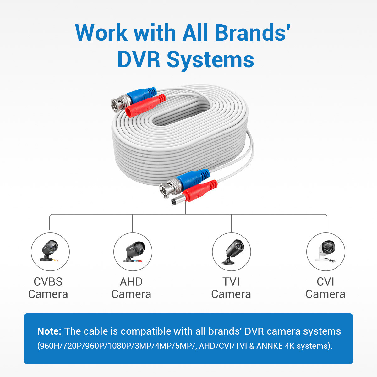 ANNKE 4x 100ft 30m Security Camera Video Power Cable BNC RCA CCTV Extension Cord