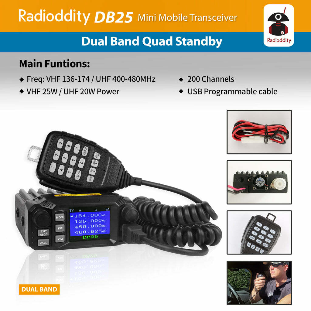 Radioddity DB25 Pro Car Mobile Radio Dual Band V/UHF 25Watt, Quad Band Antenna