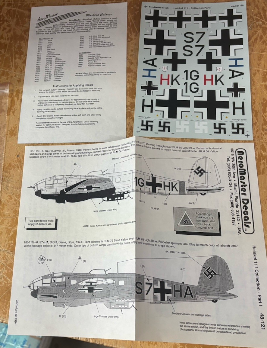 AeroMaster Model Plane Decals 48-121 German Heinkel H-111 1/48 Collection Pt. 1