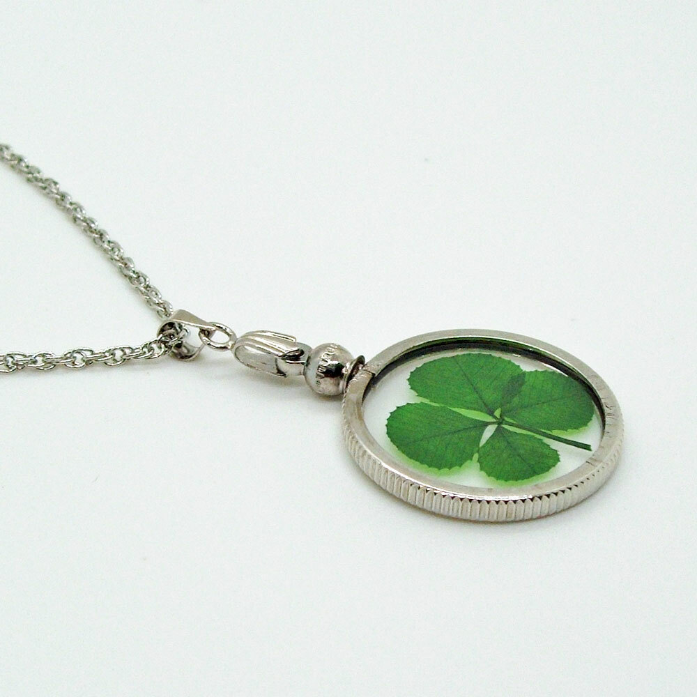 Good Luck Charm Silver Necklace with a Real Four Leaf Clover Item SN-4J