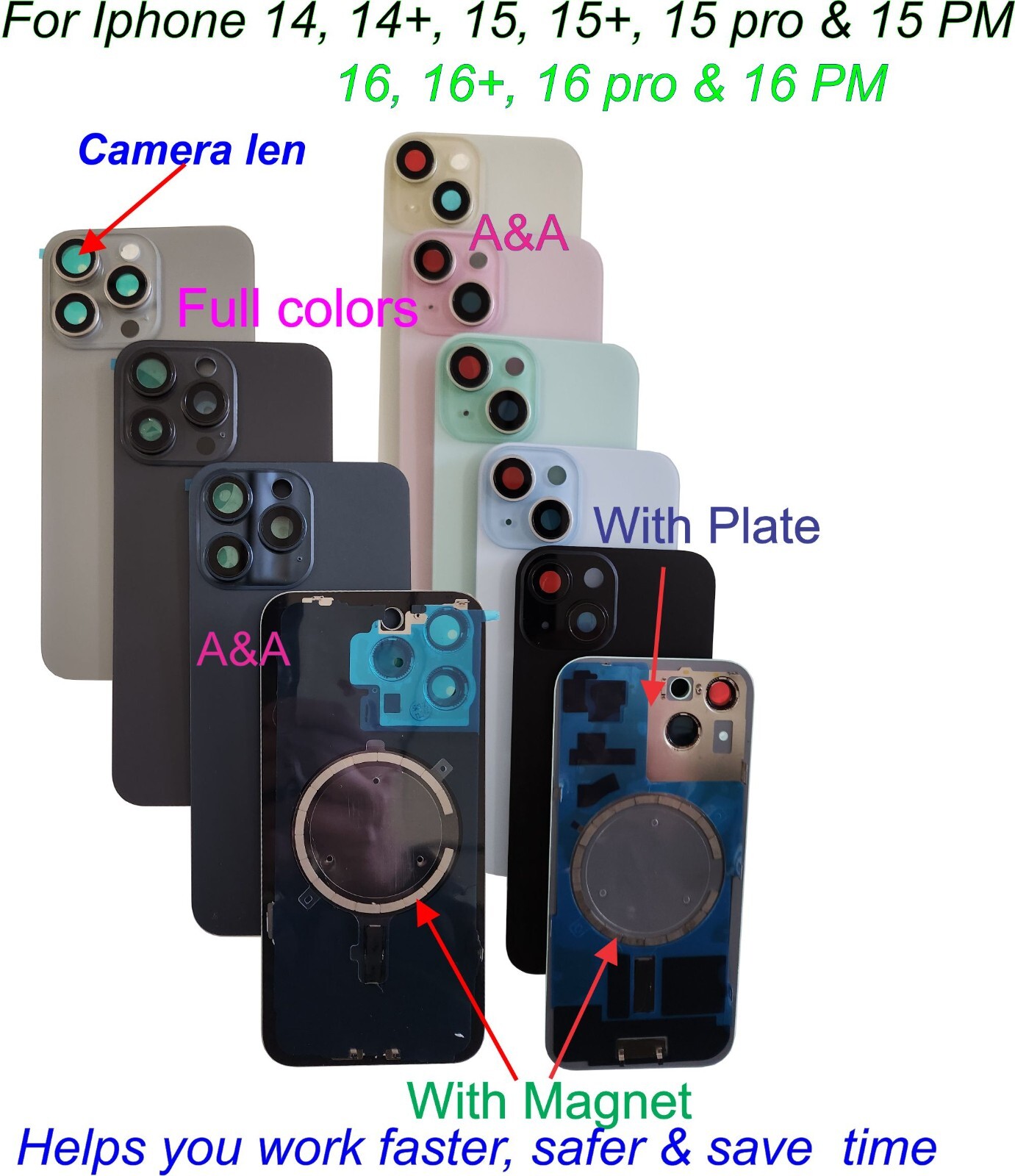 Back Glass replacement with Plate, Magnet, Camera len for Iphone 14 15 16 17PM