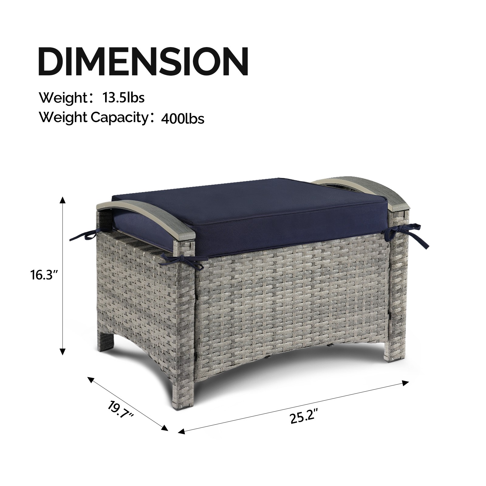 Gray Rattan with Cushions 2PCS In/Outdoor Plastic Wood Armrest Rattan Footstool