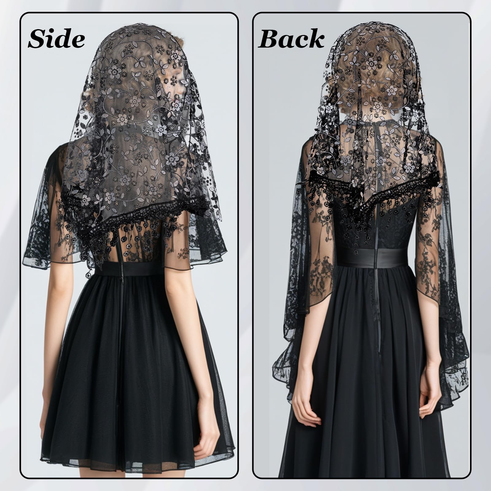 JJUNW 2 Pcs Mass Veil Triangle Mantilla Cathedral Head Large, Black,white