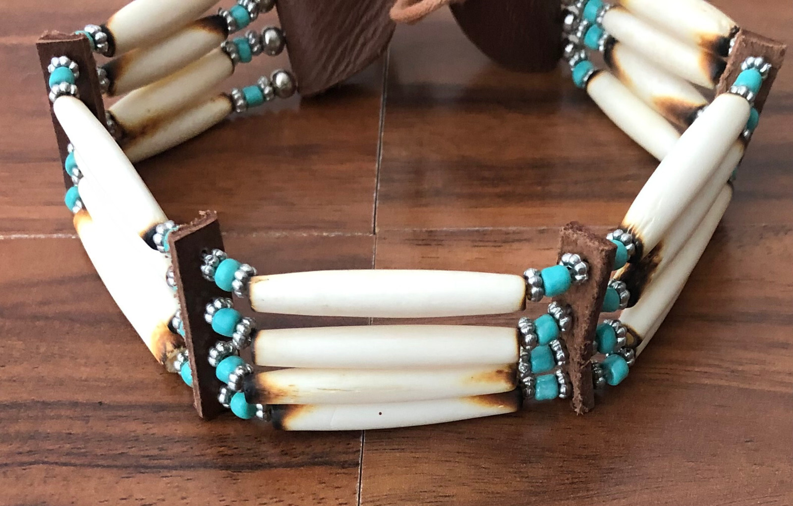 Buffalo Bone 4 Row Tribal Native American Choker Necklace Beaded Turquoise Stone