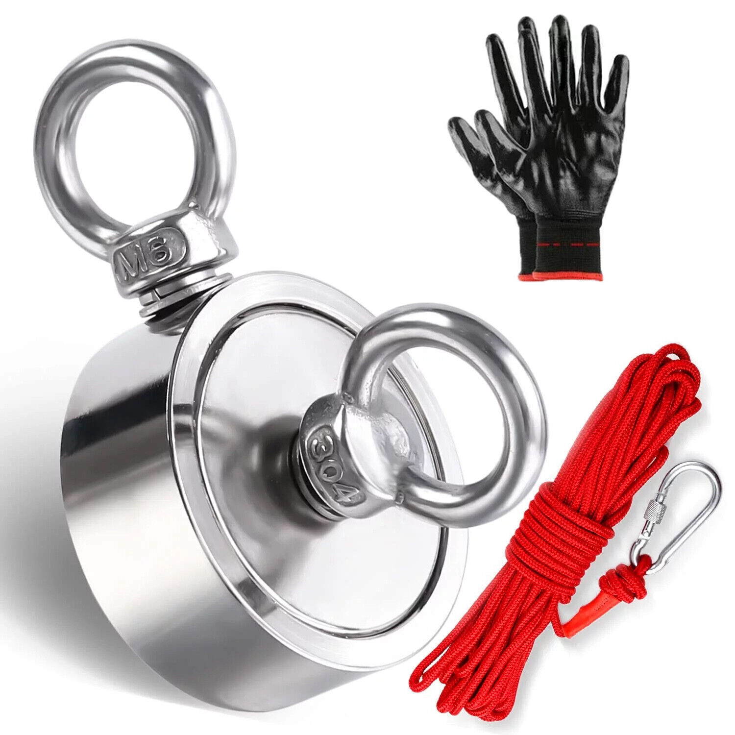 1300 LBS Strong Fishing Magnet Kit Double-Sided Pull Force and Rope Carabiner US