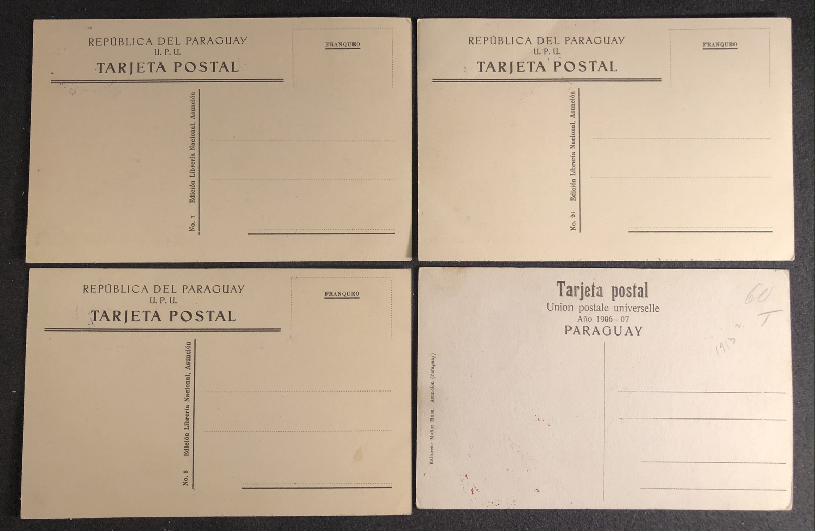 PARAGUAY 1931 4 x PPC -STAMP ON FRONT - NOT MAILED -VF -