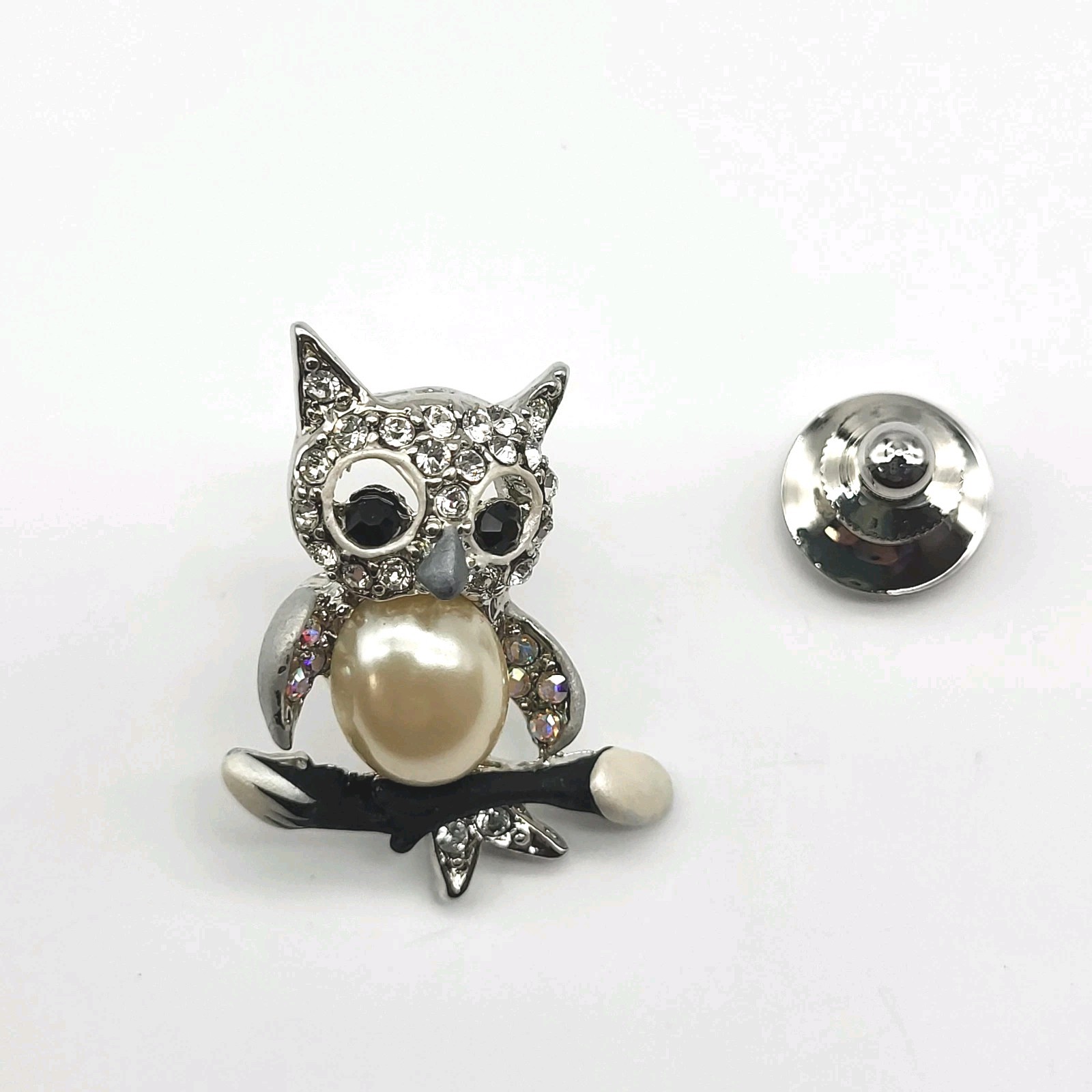 Fun Whimsical Owl Tie Tack lapel pin rhinestone bird Estate Jewelry