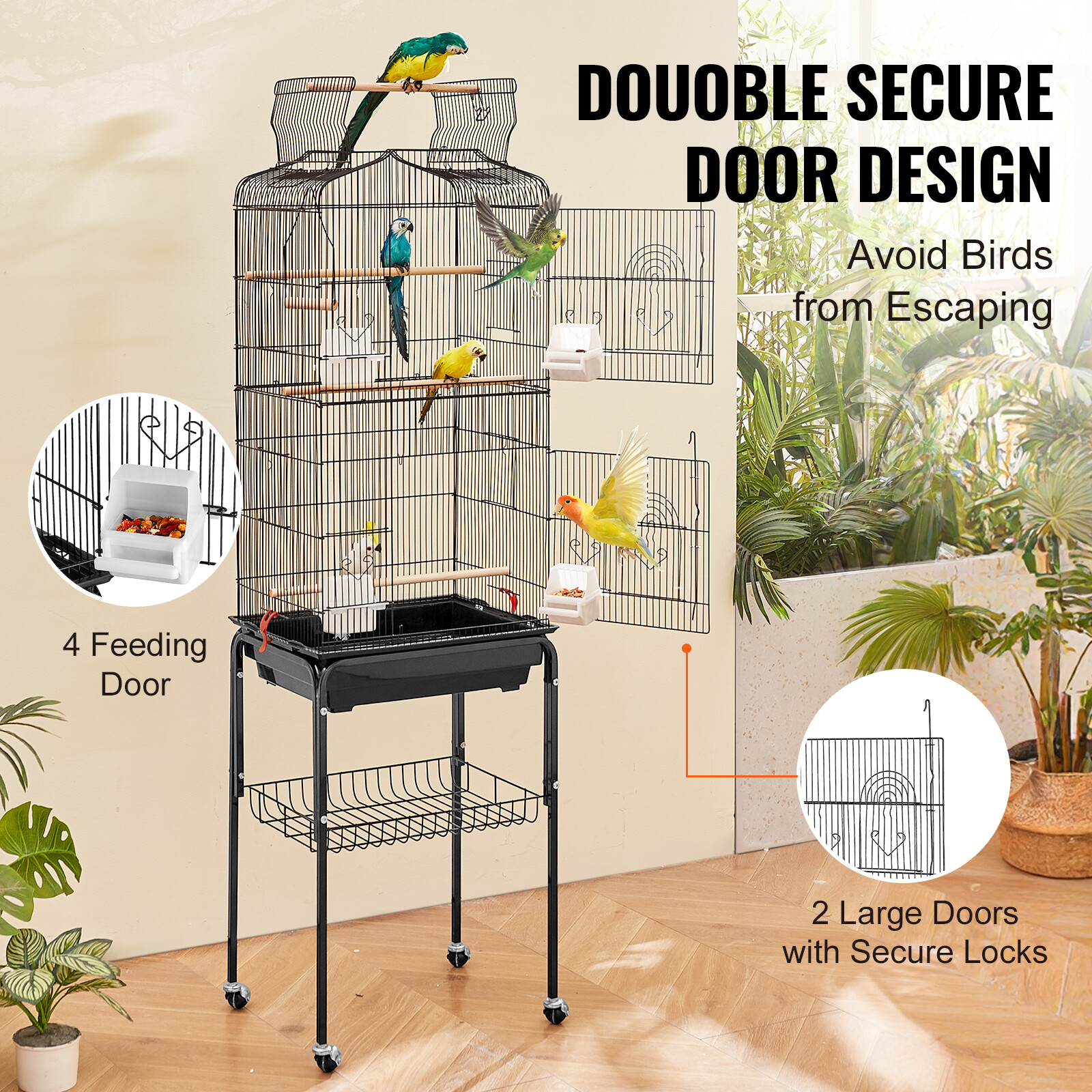 Large Bird Cage 62 in Rolling Metal Parakeet Cage for Cockatiels Parrot