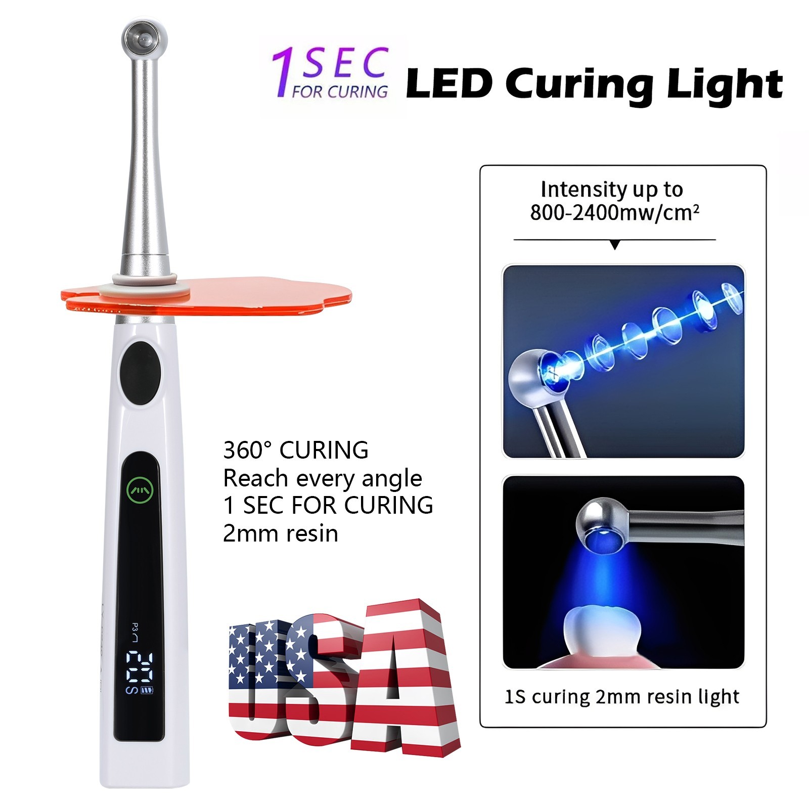 Dental Wireless Cordless LED Cure Curing Light Lamp 2400mw 5W Tool Resin 1 Sec