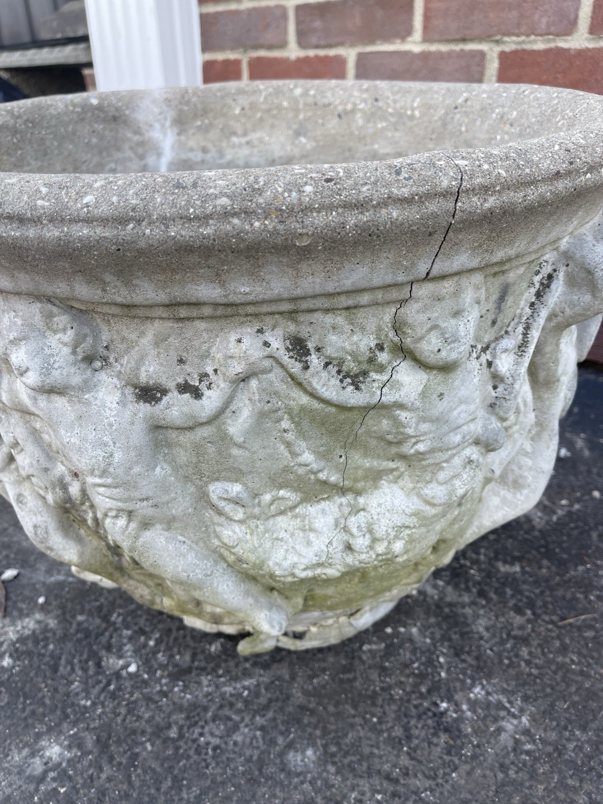 Antique Weathered Concrete Garden Urn Planter 18” Round 14” Tall Patina Cherub