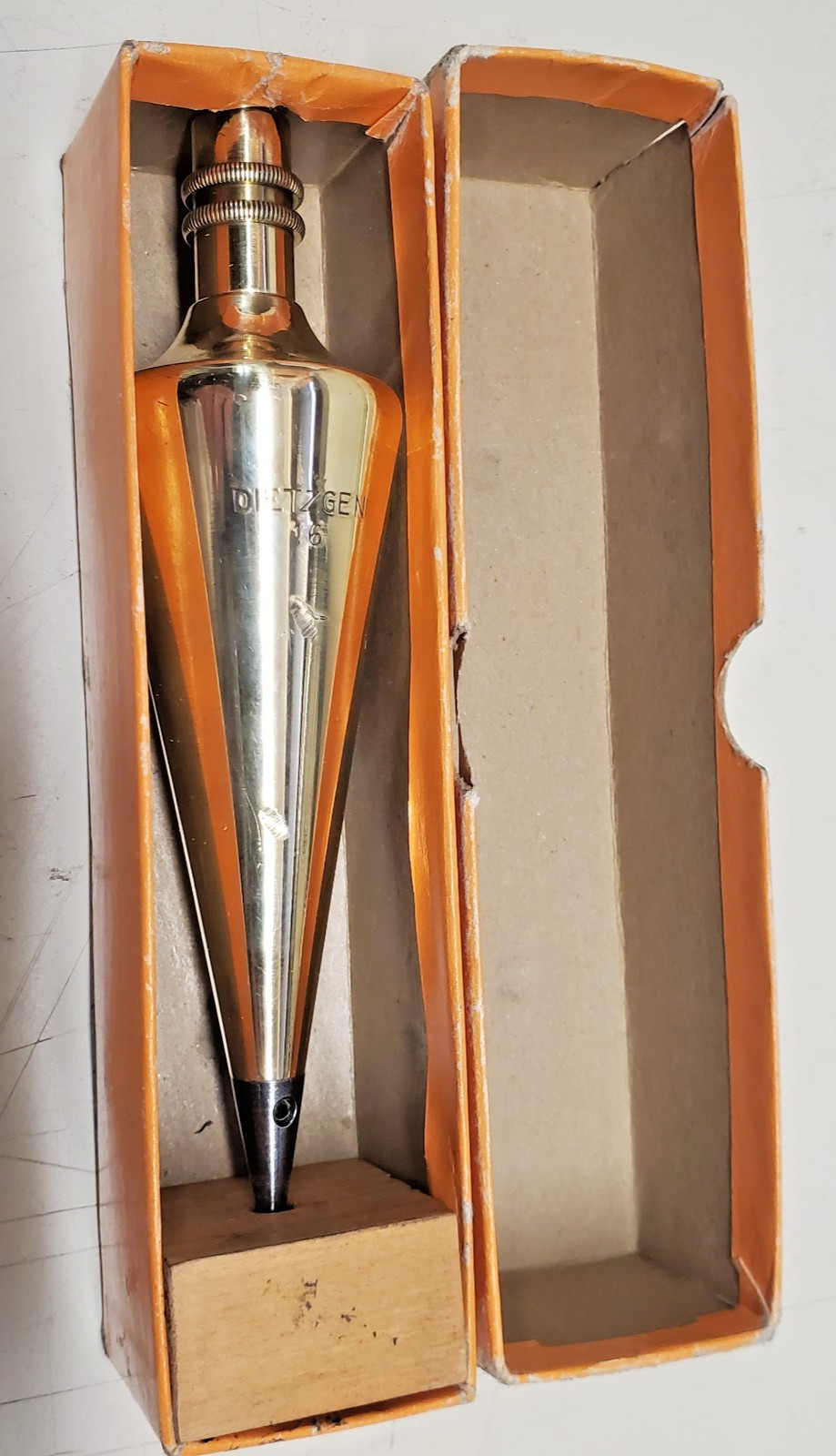 VINTAGE DIETZGEN #16 SOLID BRASS PLUMB BOB, 16 OUNCES, IN ORIGINAL BOX