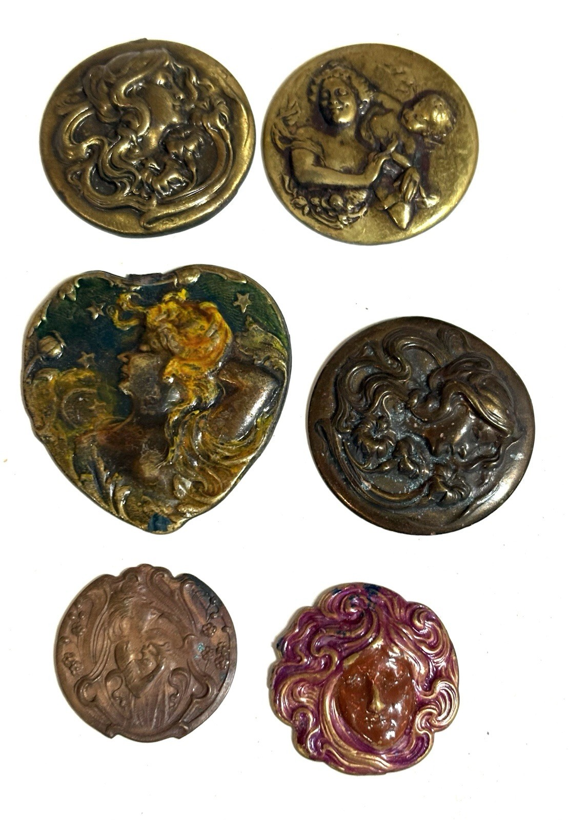 Lot ART NOUVEAU VINTAGE BRASS STAMPINGS NYMPH Ladies Cupid 6 Different Findings