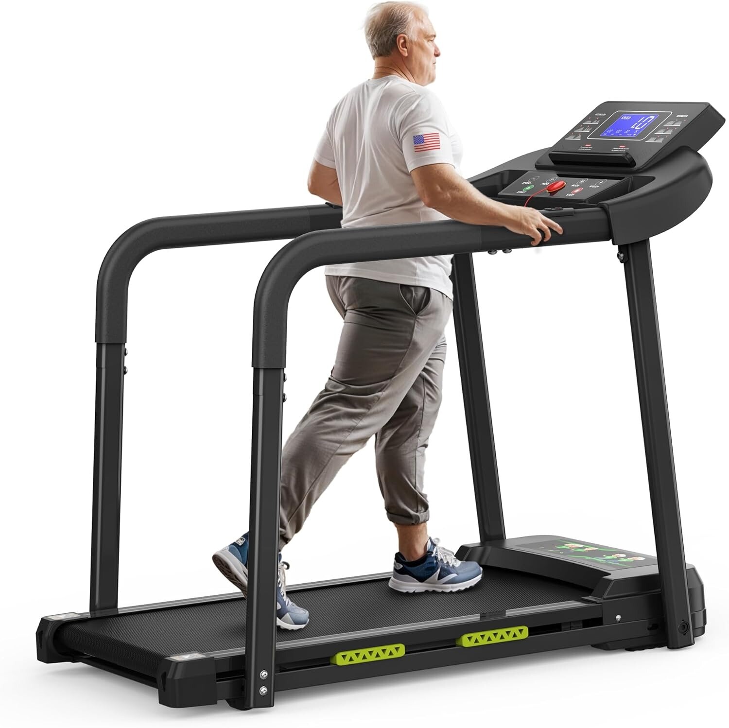 Foldable Walking Pad Treadmill for Senior with Extended Handrails & Deck 300 LBS