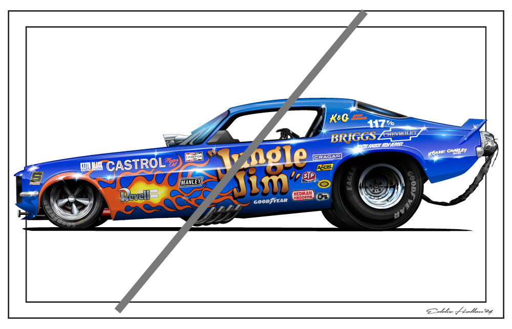 Jungle Jim Lieberman Blue 1973 Camaro Funny Car 28X18" Poster FC055