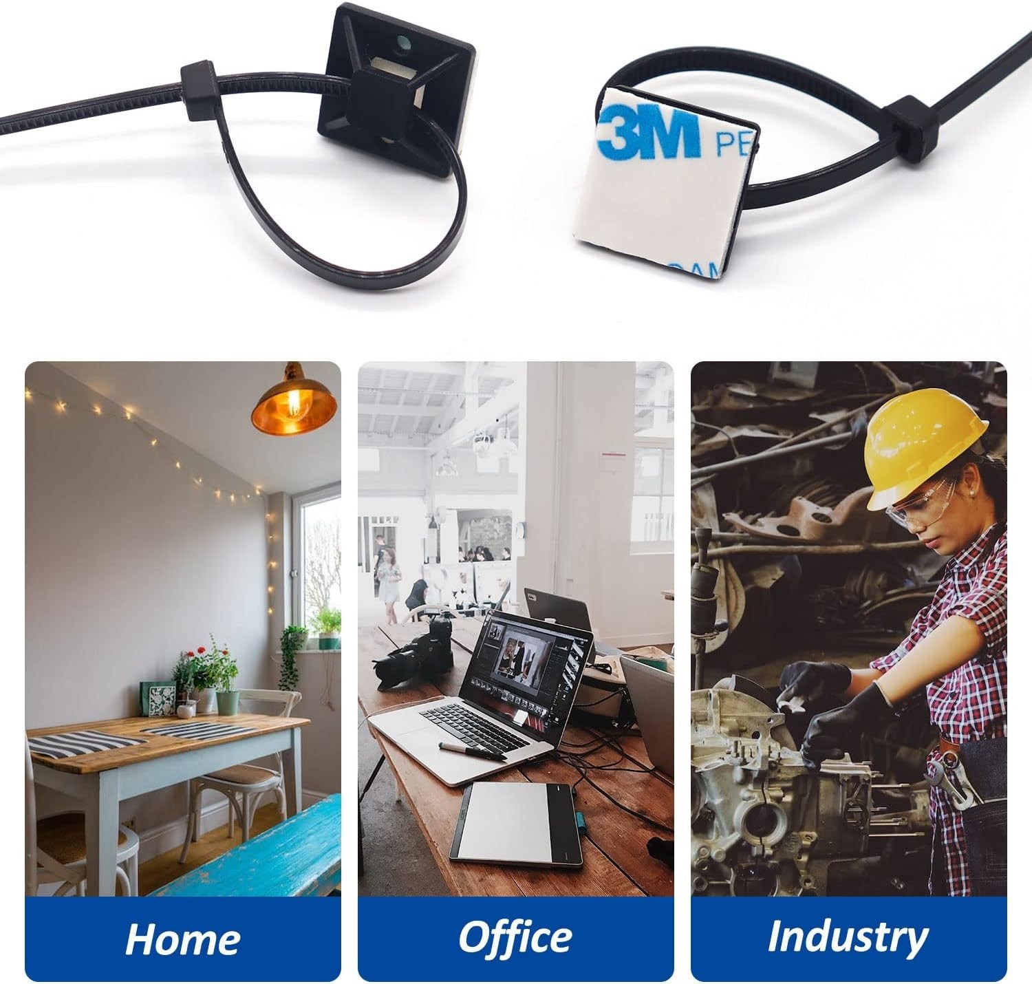 50 Sets Cable Zip Tie Mounts Kit With Self Adhesive 3/4" Wire Holder Squares Bla