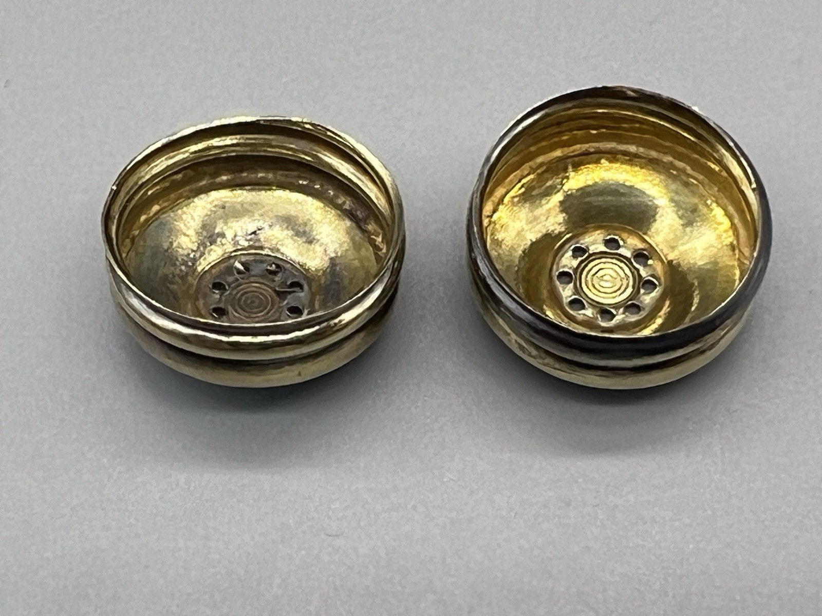 2 VTG Norway Sterling Silver Blue Guilloche Lids & Glass Salt Pepper Shakers