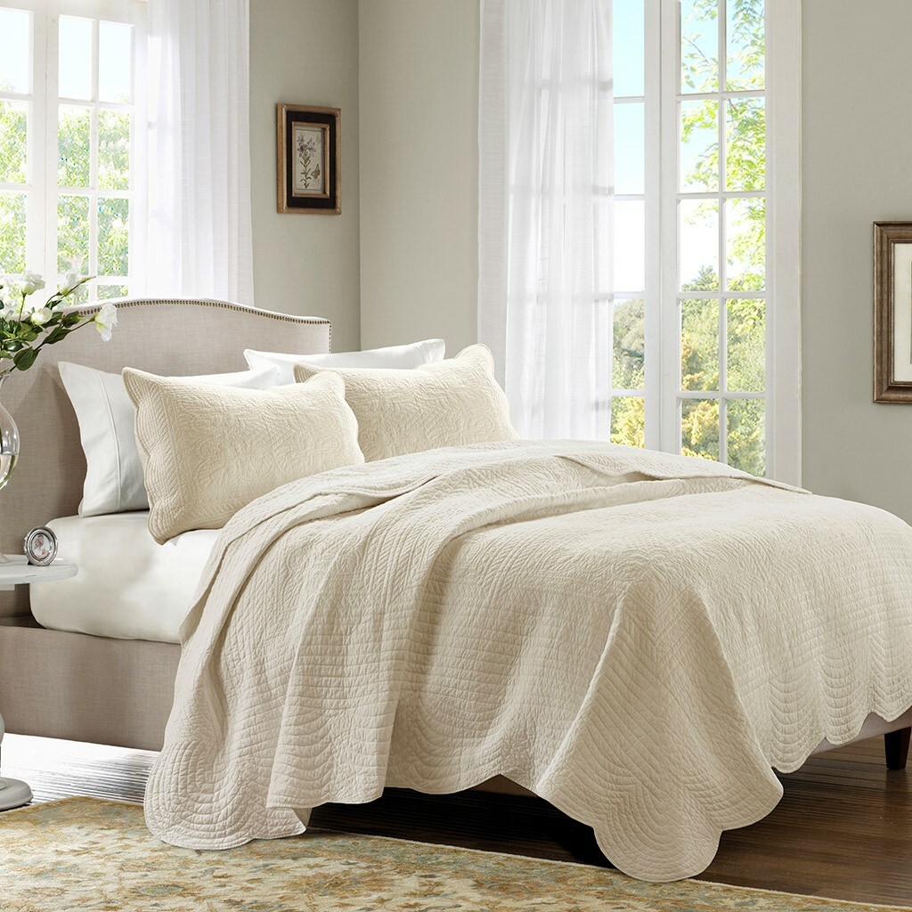 IVORY MATELASSE 3pc Full Queen COVERLET SET : FARMHOUSE COTTAGE QUILT CREAM TILE