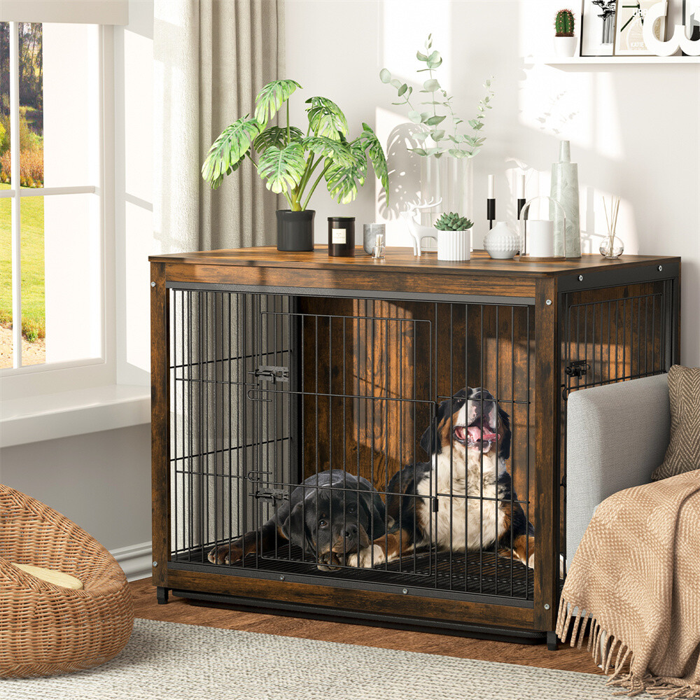 Large Dog Crate Wooden Kennel Heavy Duty Cage with Tray End Table Pet Furniture