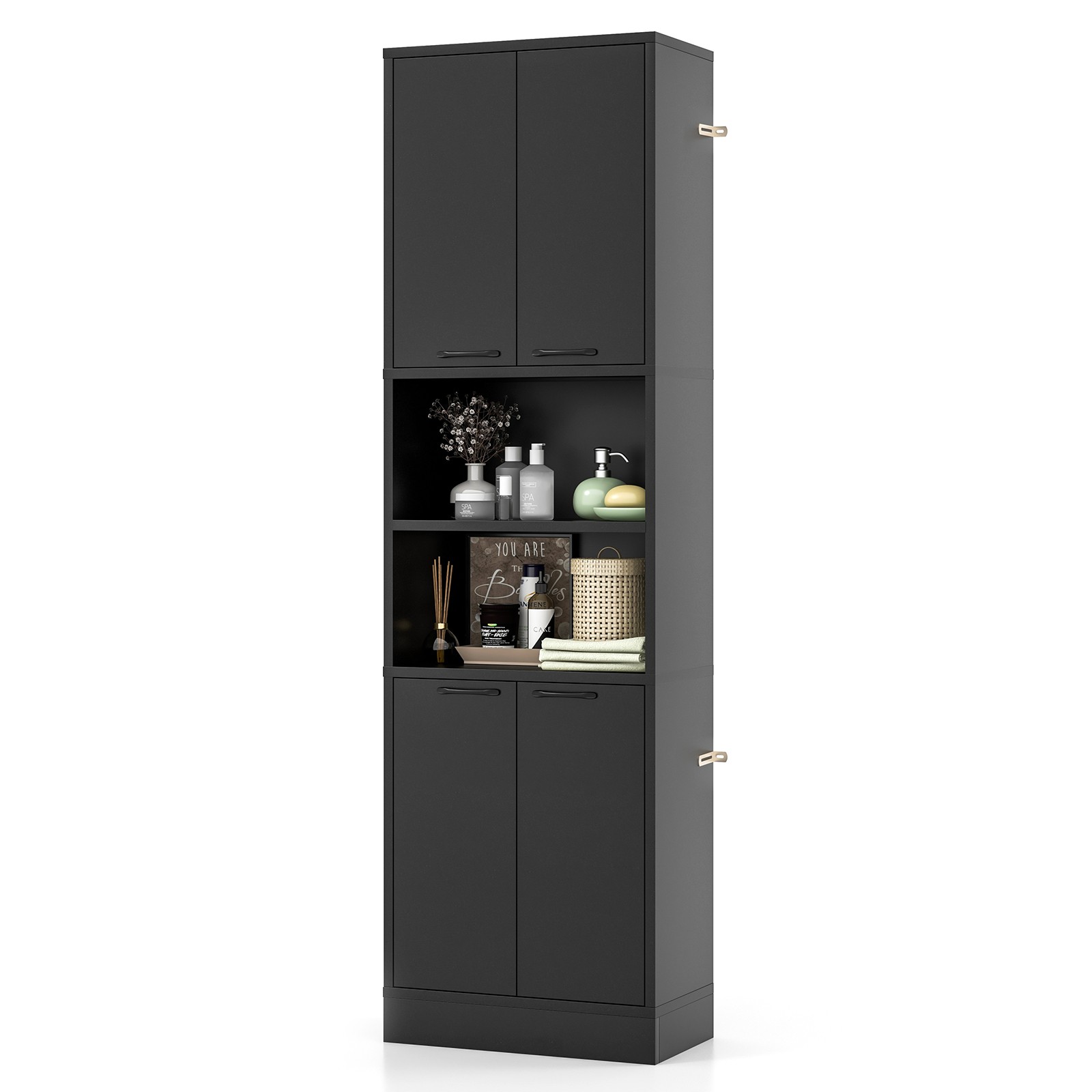 75" Tall Bathroom Storage Cabinet Freestanding w/ 4 Doors & 2 Open Compartments