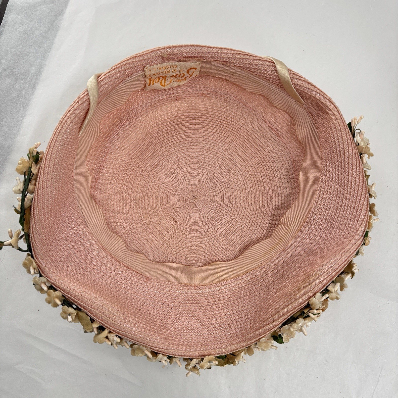 Vtg 60s Bon Rey Pink Floral Straw Hat Garden Party Tea Wedding