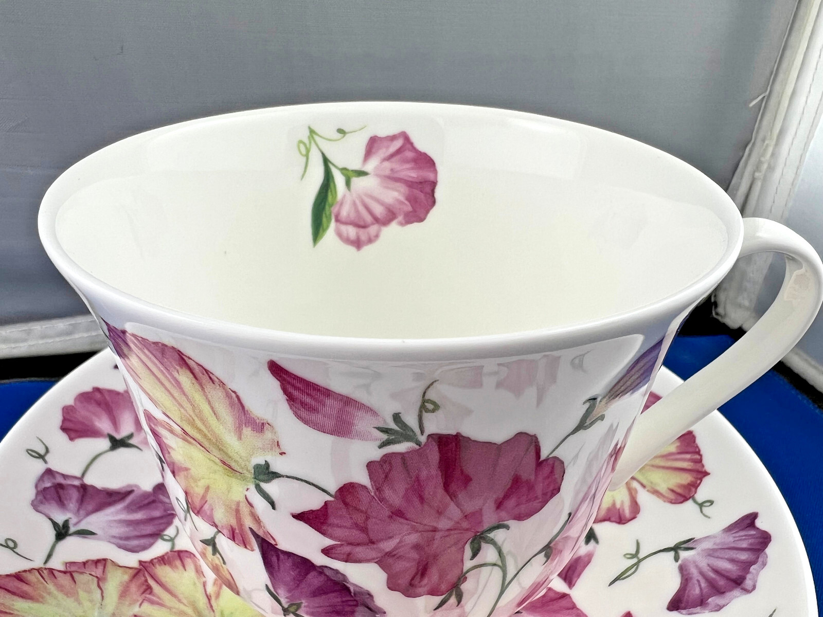 SWEET PEA PINK , BONE CHINA BREAKFAST CUP SAUCER, KIRKHAM, MADE ENGLAND NEW