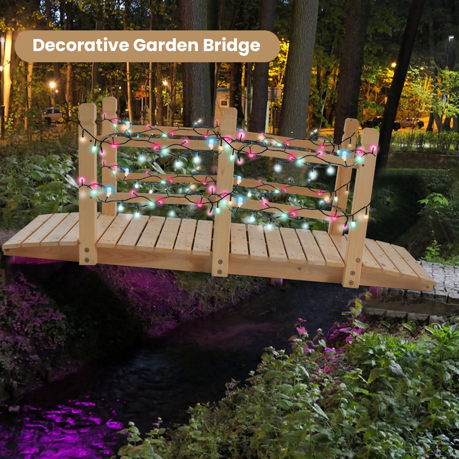 5 FT Wooden Garden Bridge Decorative Landscaping Footbridge w/Rails Natural