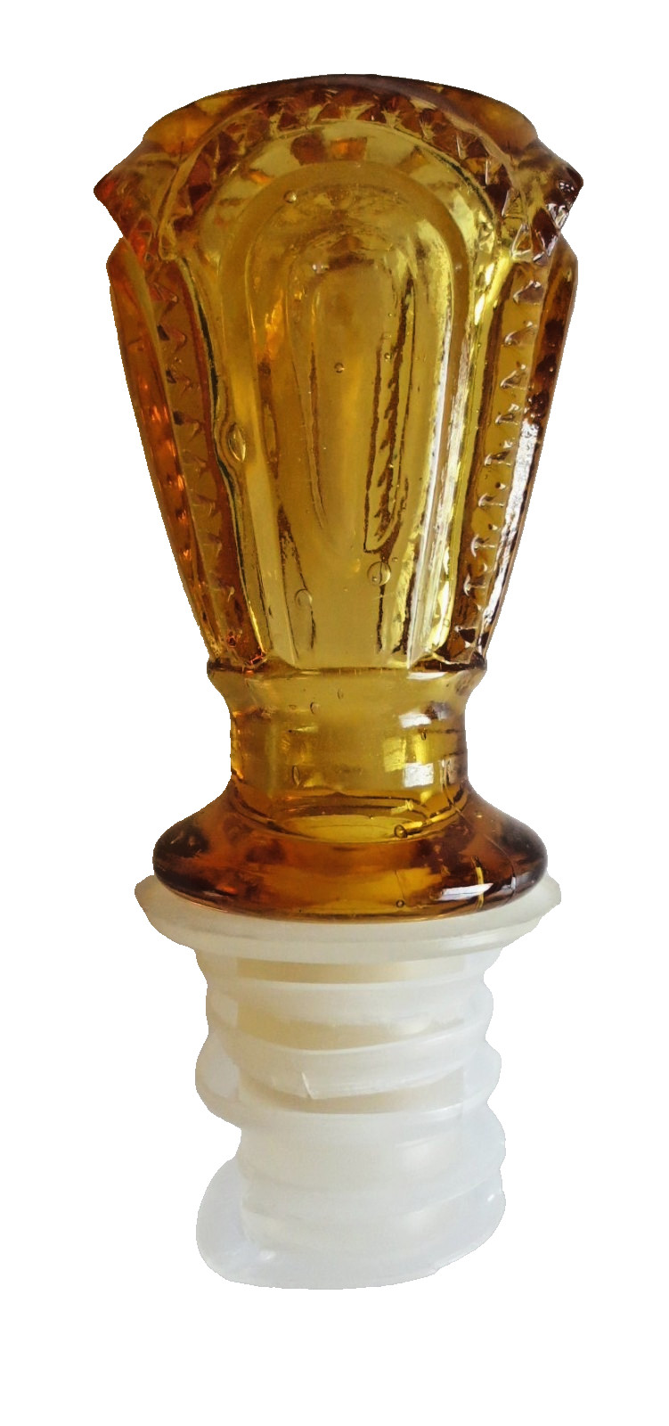 MCM CRYSTAL DECANTER STOPPER AND 5 CORDIAL/SHOT GLASSES AMBER BROWN GLASS VTG