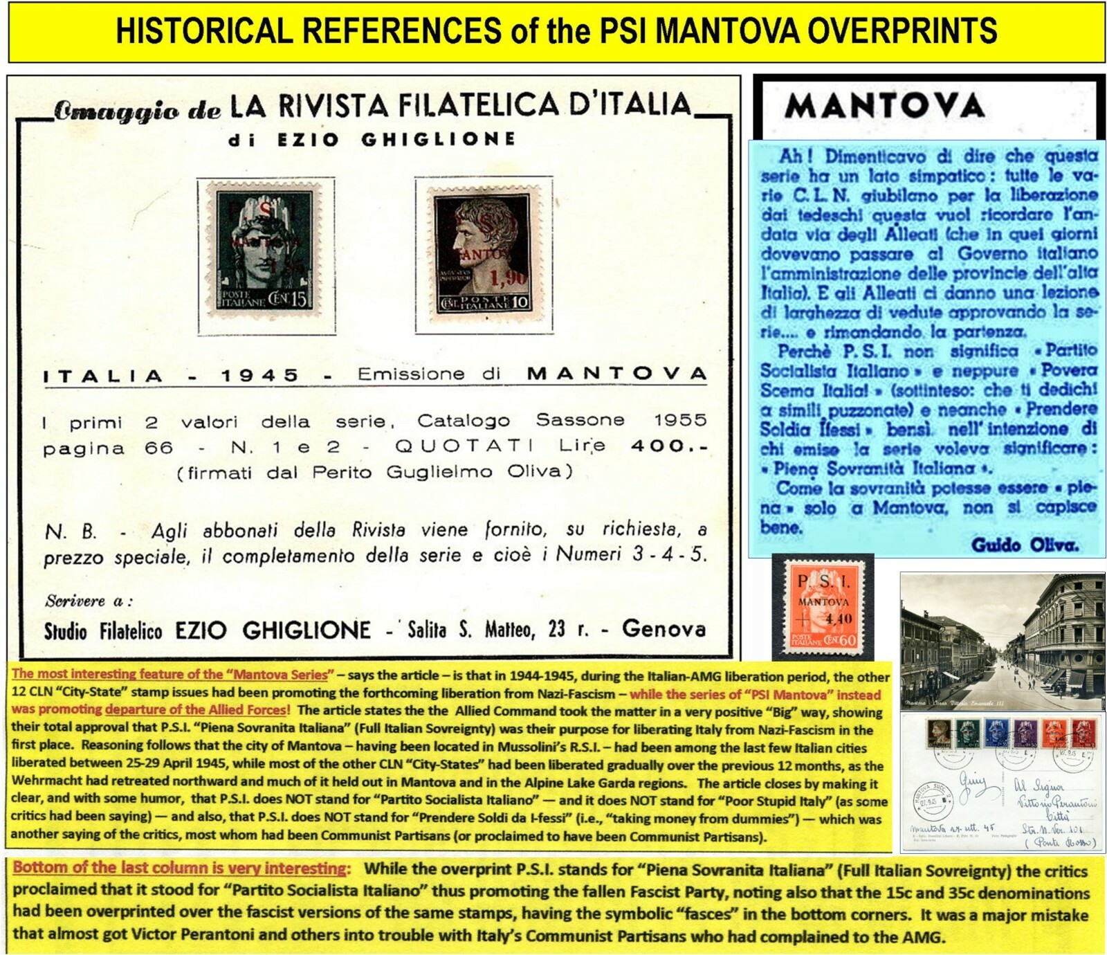 PSI MANTOVA CLN - 3 excellent rare stamps - 1 very rare typeset freak 1945 (159)