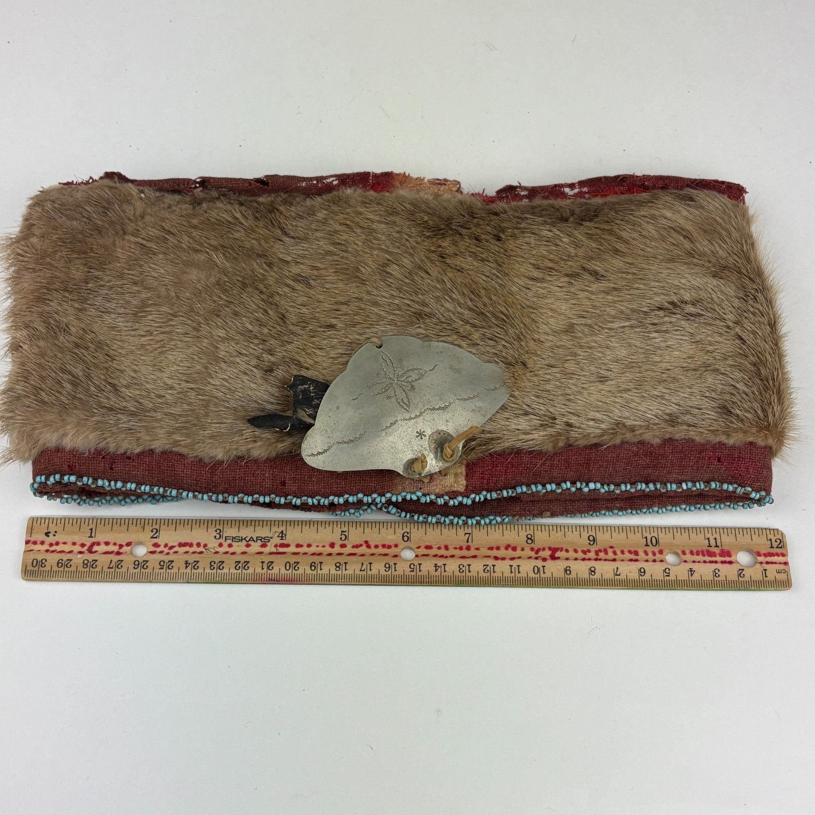 Antique Plains Indian Beaver Fur Hat Beaded Trim Trade Wool Lining Silver 1880s