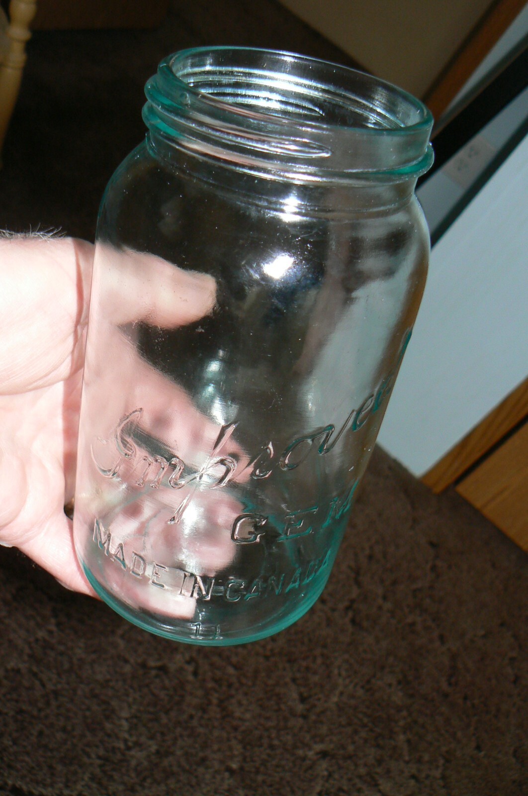 RARE 1920s Qt. Improved Gem Blue glass canning jar made by ( SDH ) from Canada,
