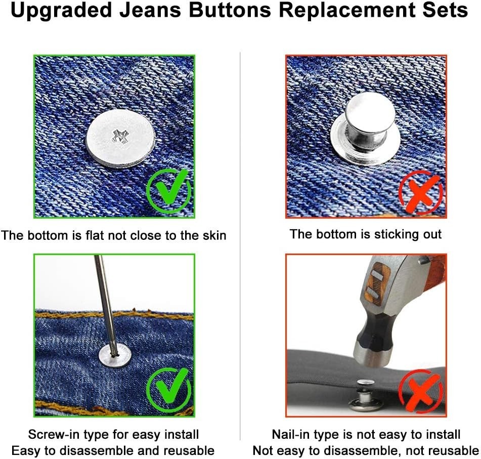 2/15 Sets Replacement Jeans Buttons, 17mm No-Sew Nailess Removable Metal Jeans
