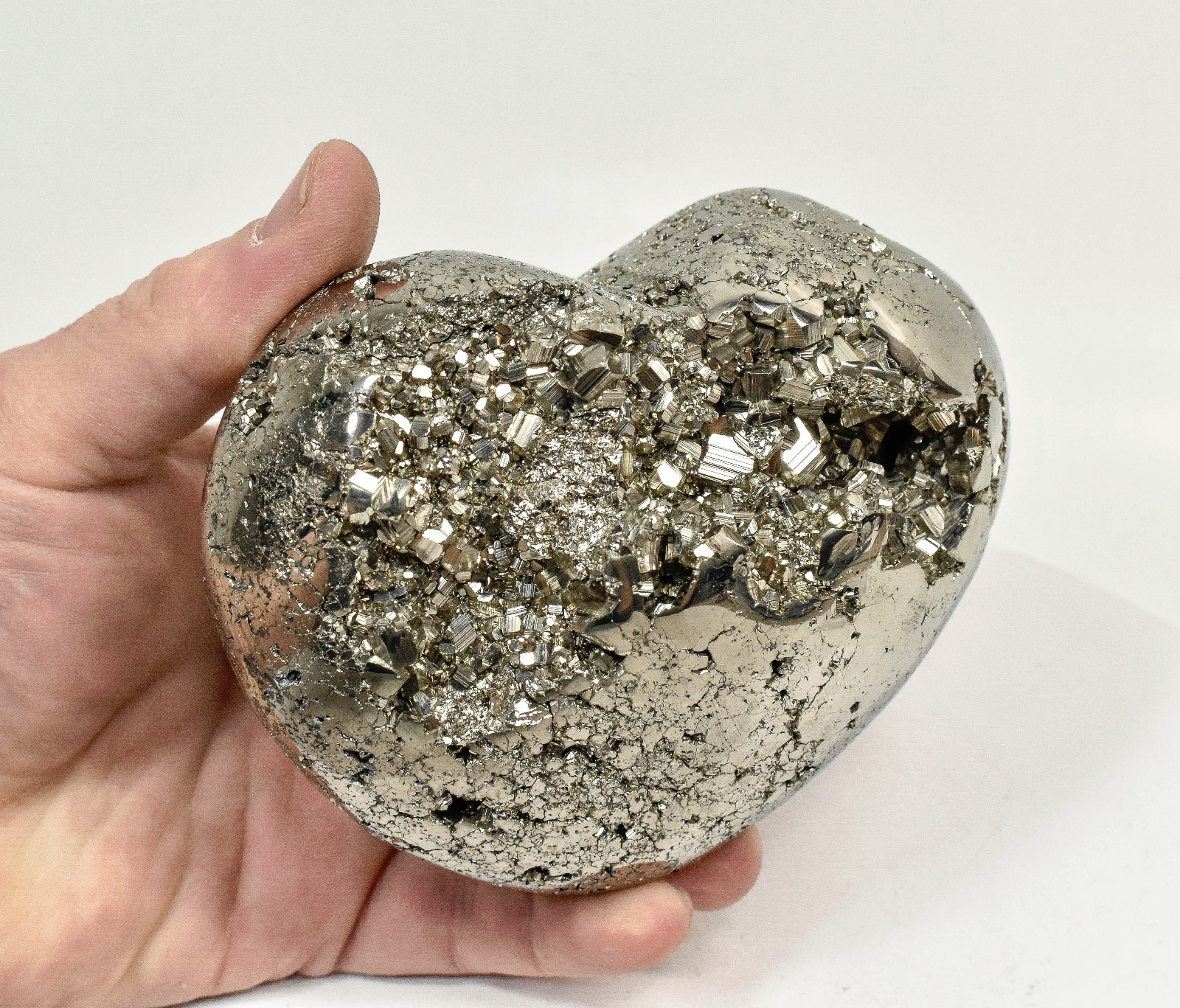 4.60" Polished PYRITE CRYSTAL HEART Carving Huanzala mine, Peru T708