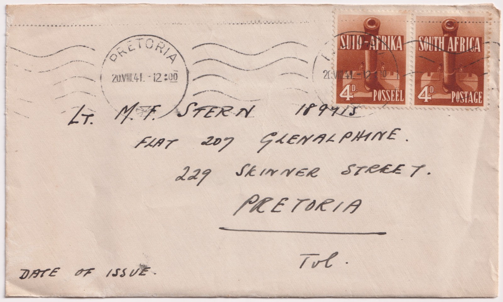 1941 South Africa Pretoria Cover Lt Stern 4d Gun Pair With Telegraph Form WW2