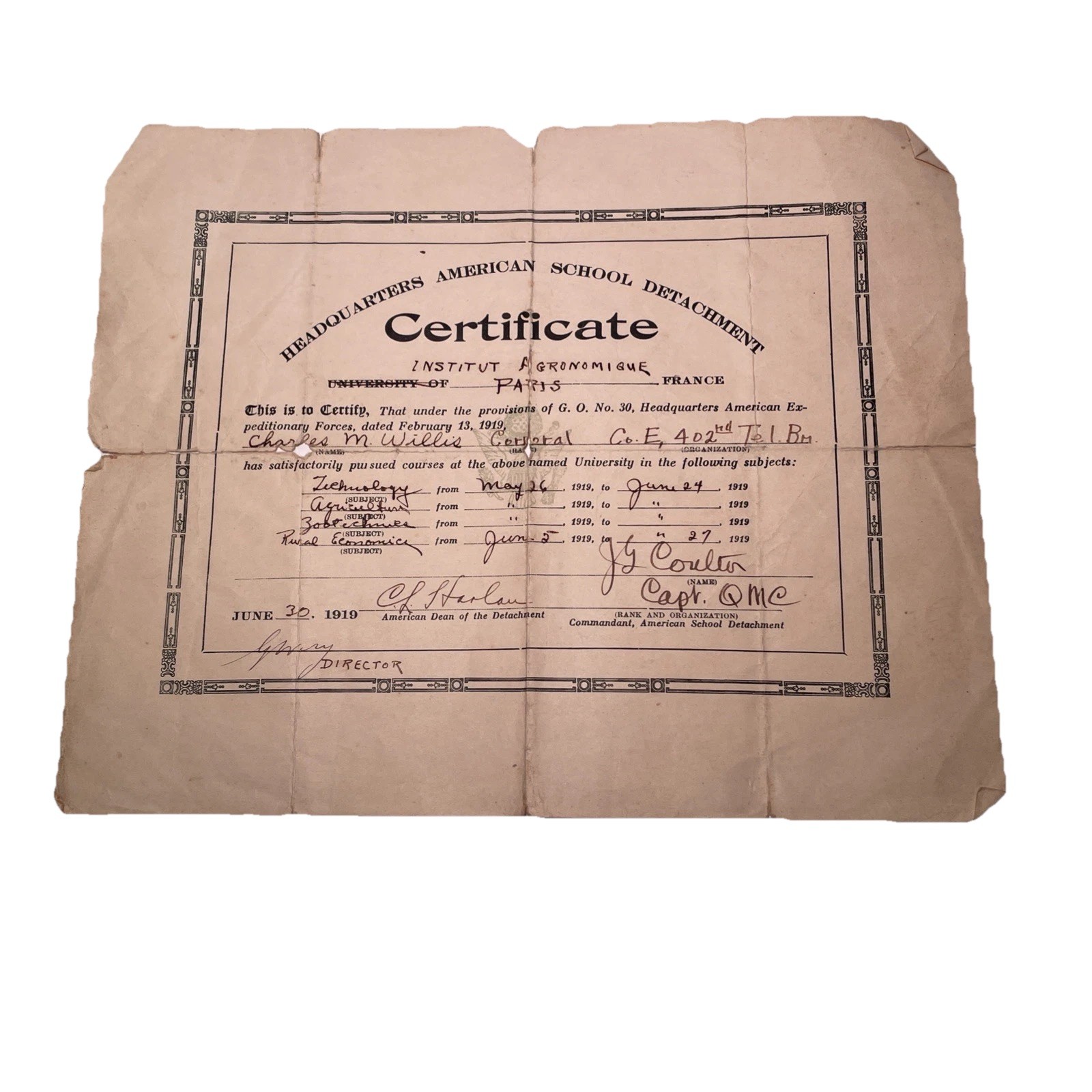 1919 ORIGINAL WW1 School of Detachment Paris France Certificate Army QMC June