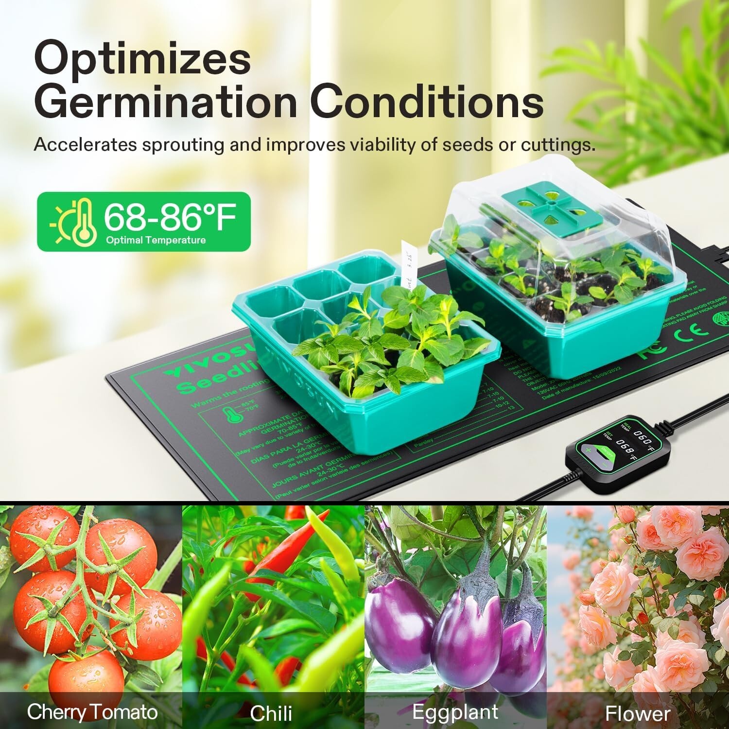 VIVOSUN 10"x20.75"Seedling Heat Mat w/Built-in Temperature Controller,Waterproof