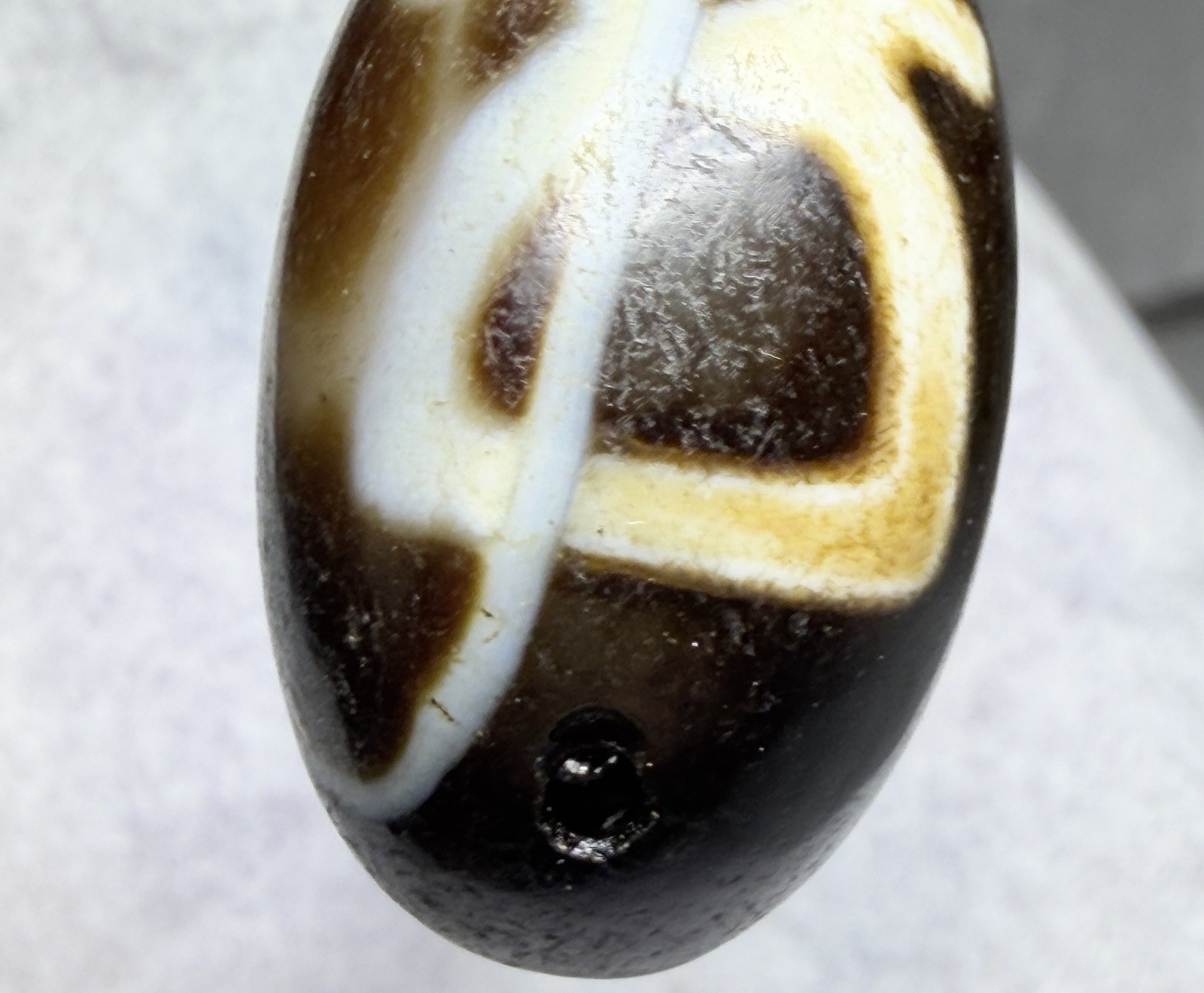 Tibetan Kubera Wealth God Old Agate Dzi Pendant, Odd Size Silkworm Line. ✨