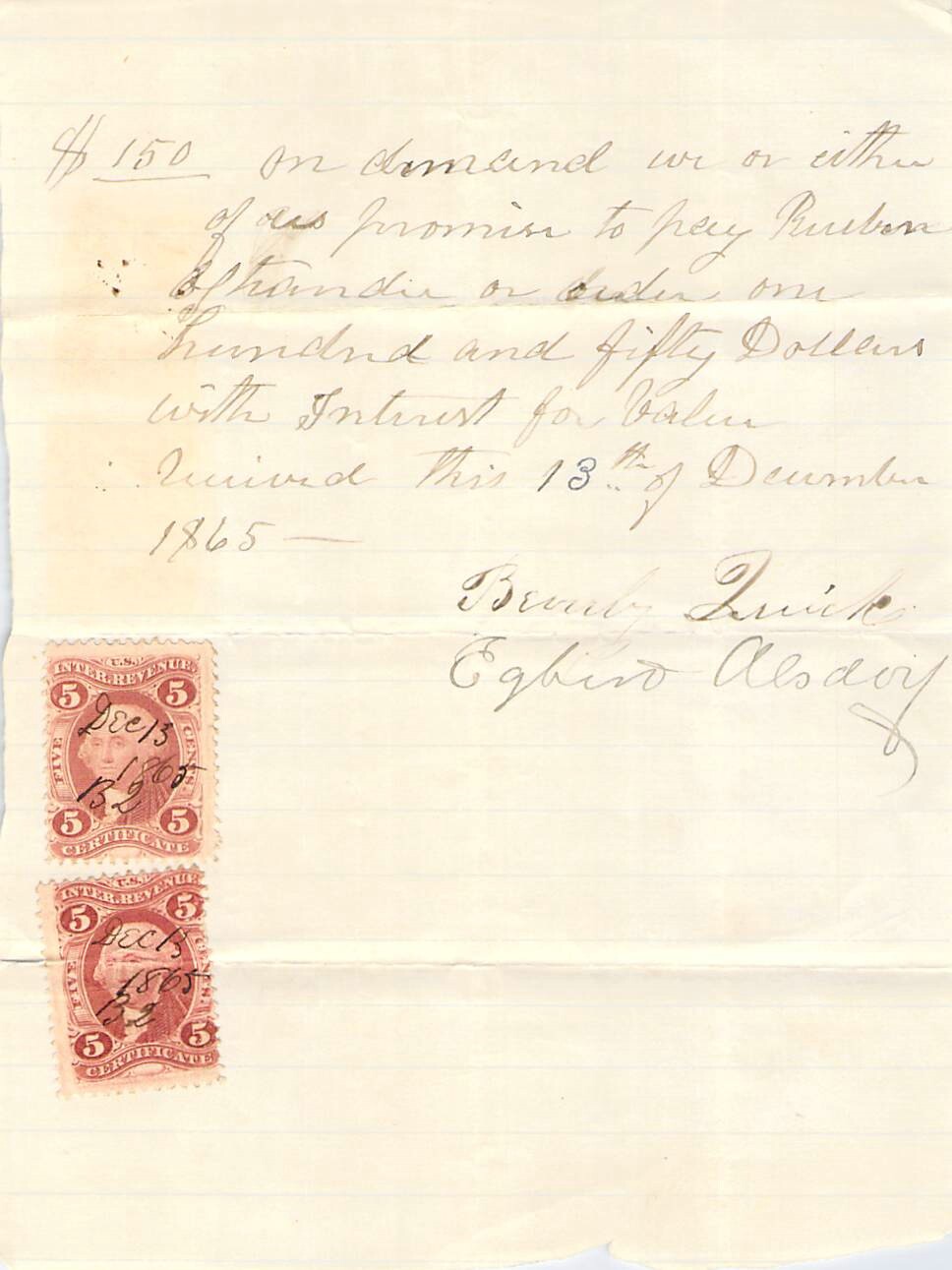 1865 MONEY OWED REVENUE STAMP HEIRLOOM AUTOG BEVERLYQUICK
