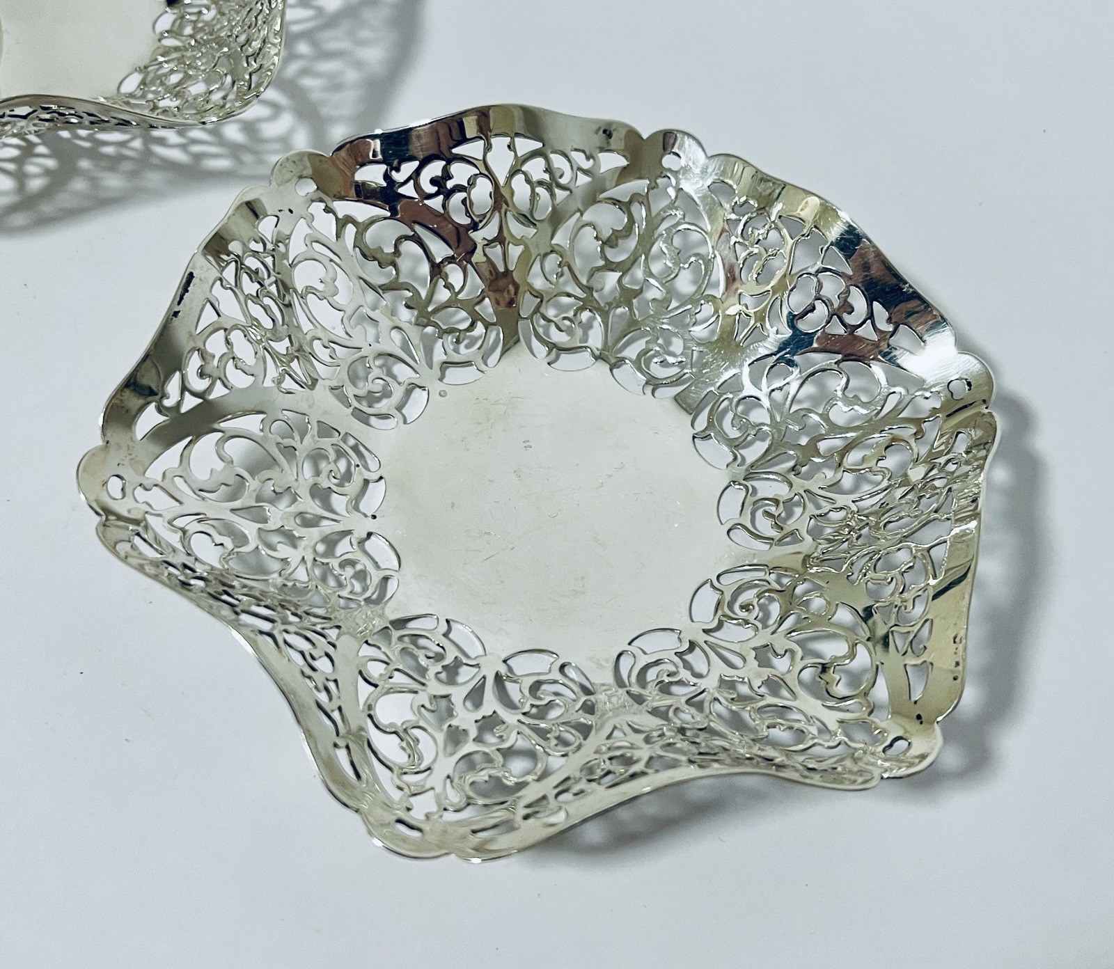 Matching Pair Antique Vintage Solid Sterling Silver Bonbon Dishes / Bowls