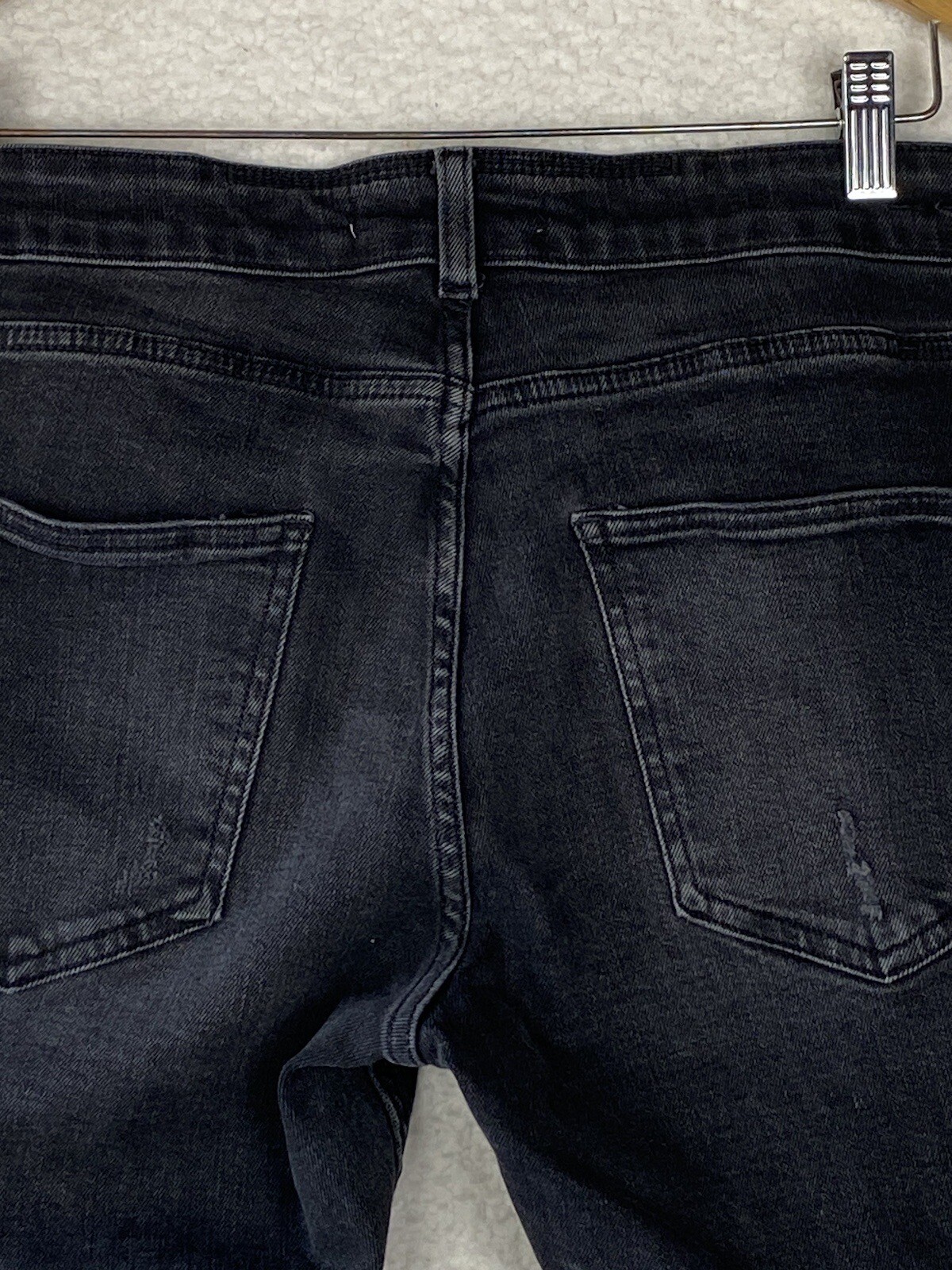 Zara Destressed Jeans Womens 34 Button Fly Cropped Black Skinny Raw Hem Mid Rise