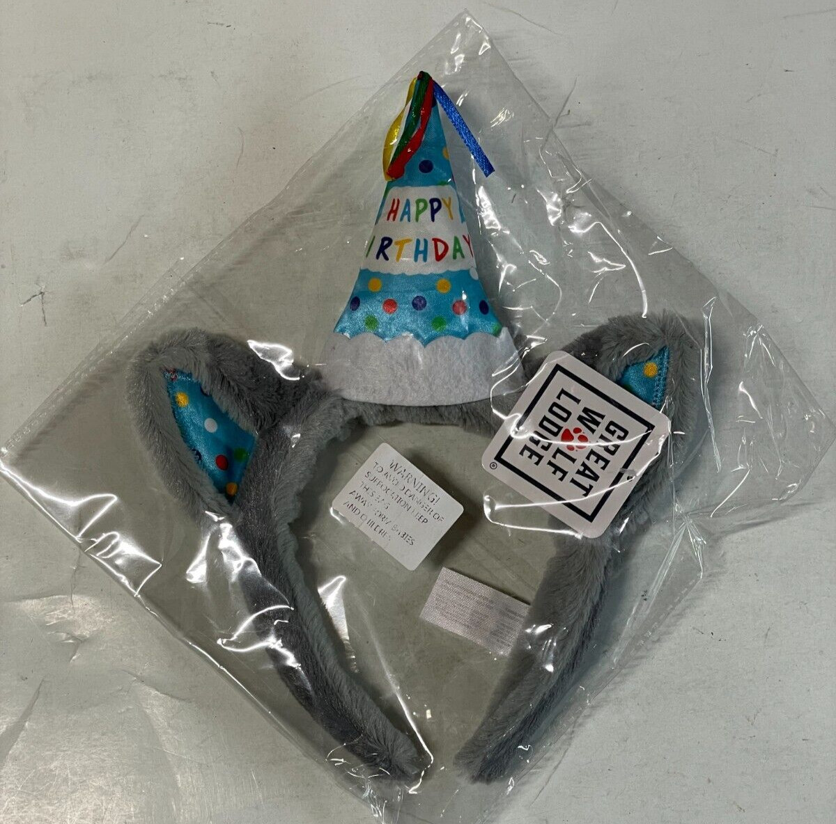 NEW Great Wolf Lodge BLUE Headband Birthday Party Hat Plush Gray Fur Ears