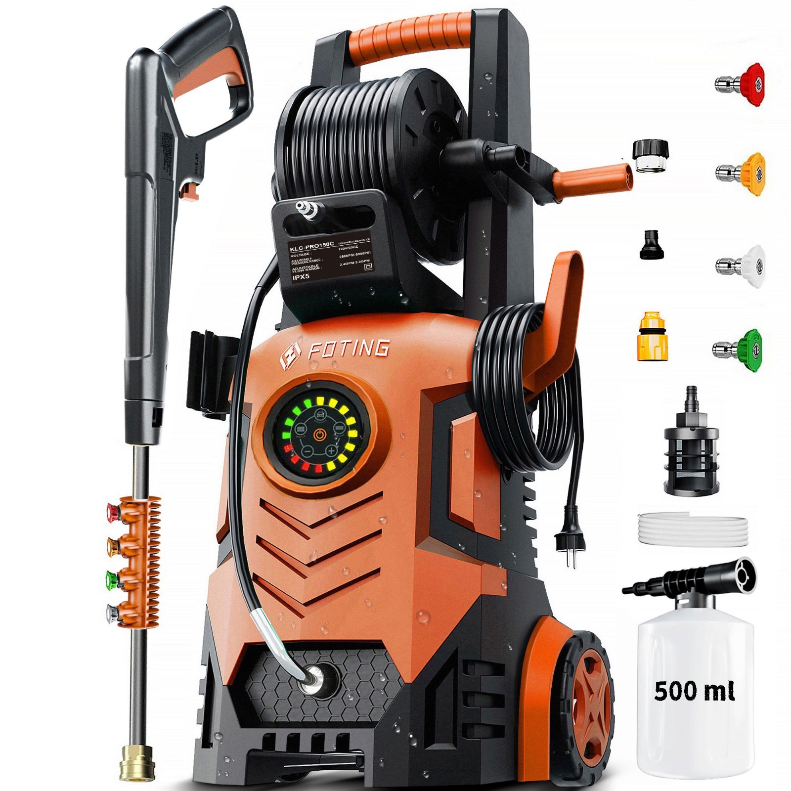 FOTING 5000-PSI, 2.3-3.3 GPM Adjustable Electric Pressure Washer with 4 Nozzles